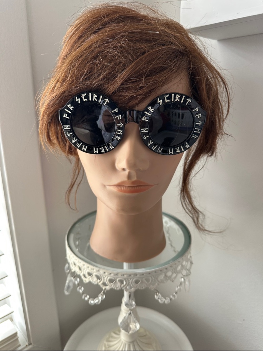 Round Black Statement Sunglasses with White Lettering